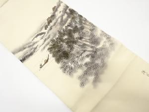 作家物　塩瀬　手描き水辺風景模様名古屋帯